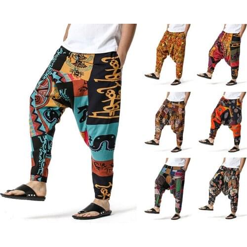 Baggy Cotton Harem Pants Men Hip hop streetwear oversized pants Mens wide leg pants fashion pattern printing trousers