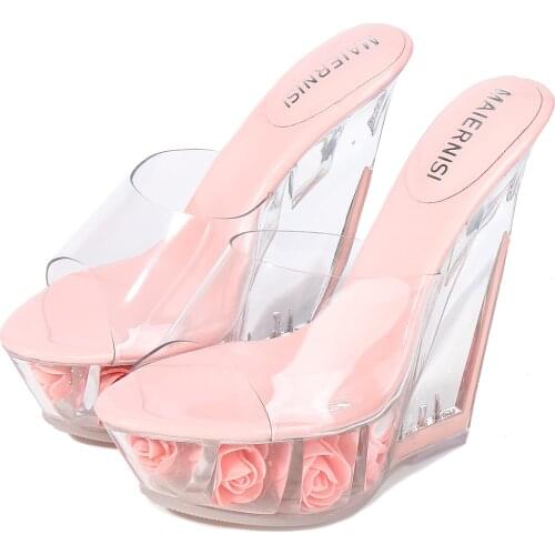 2021 Women Sexy Slippers Crystal Wedge Shoes Transparent PVC Slides Female 14cm High Heels Sandals Girl Slides Shoes DA0043
