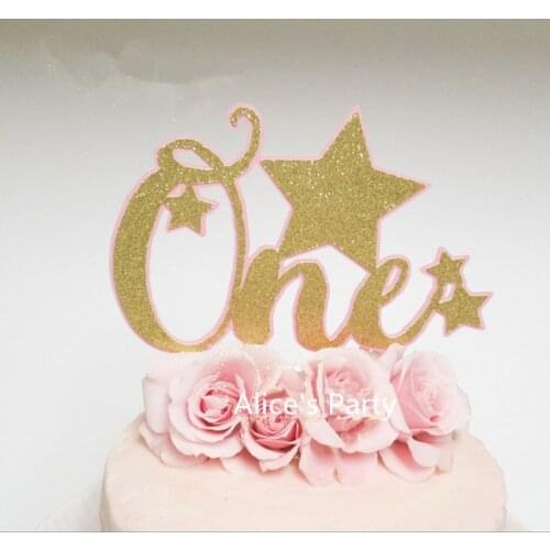 Gorgeous Pink Twinkle Little stars Gold one Cake Toppers 1st Birthday Party Cake Decoration Baby Shower Party Cake Smash Favors