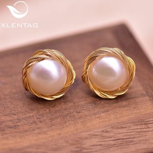 XlentAg Minimalist Natural Freshwater Pearls Stud Earrings For Women Handmade Wedding Gifts Bohemian Vintage Fine Jewerly GE0938
