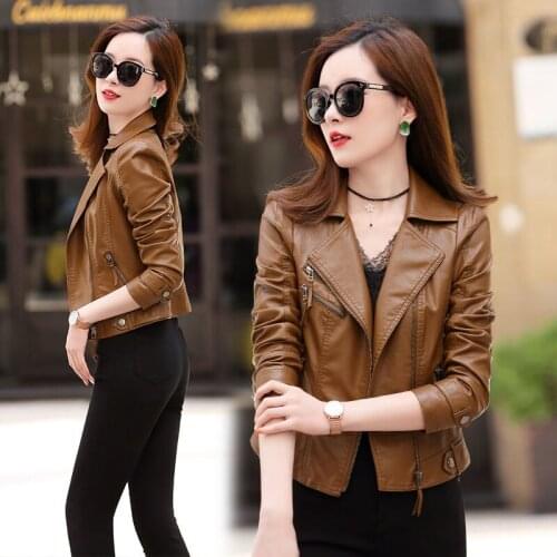 Spring Women Retro Motorcycle Coat Faux PU Leather Jacket Coat Turndown Collar Moto Biker Black Punk Slim Short Outwear Y520