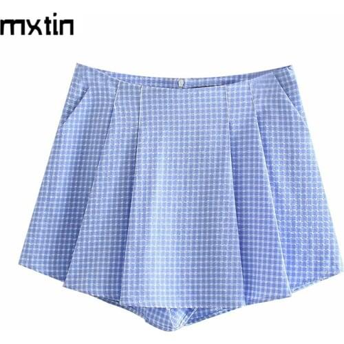MXTIN 2021 Women Summer Vintage Plaid Folds Shorts Skirts Fashion Fly Side Pockets Ladies Casual Streetwear Vestidos Mujer