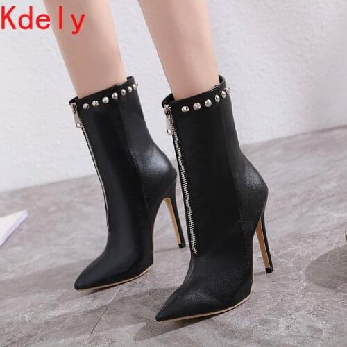 2020 New Womens Ankle Boots PU Leather 12cm High Heels Fashion Rivets Zip Black Shoes Woman Pointed Toe Thin Heel Botas