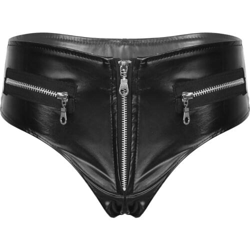 Women Sexy Zipper Opening Crotch Leather Shorts For Sex Erotic Porn Low Waist Leather Underpants Soft Latex Bag Hip Pants Sexi