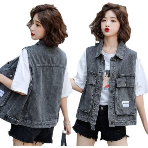 Vests Women Denim Plus Size 3XL Pocket Fashion Autumn Teens Vintage Loose College Outerwear Sleeveless Cowboy Jacket Coat Top