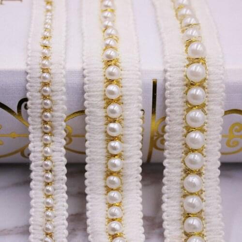 2.5cm Nylon White Pearl Beaded Gold Thread Lace Trim Ribbon Fabric Handmade DIY Costume Dress Sewing Supplies Craft 50yards