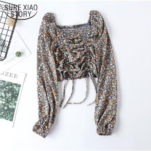 2021 Autumn Fashion Casual Floral Women Blouse Square Collar Long Sleeve Chiffon Shirts Women Clothes Blusas Mujer De Moda 10229