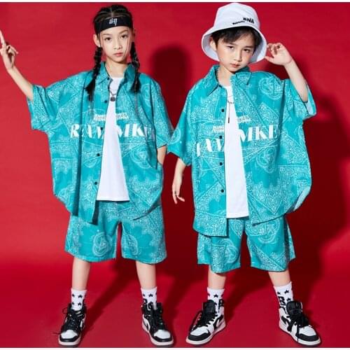 Children Tide Hip Hop Clothes Blue/Black Shirt Printing Jazz Street Dancing Stage Outfits Hiphop Performance Costume BL6729