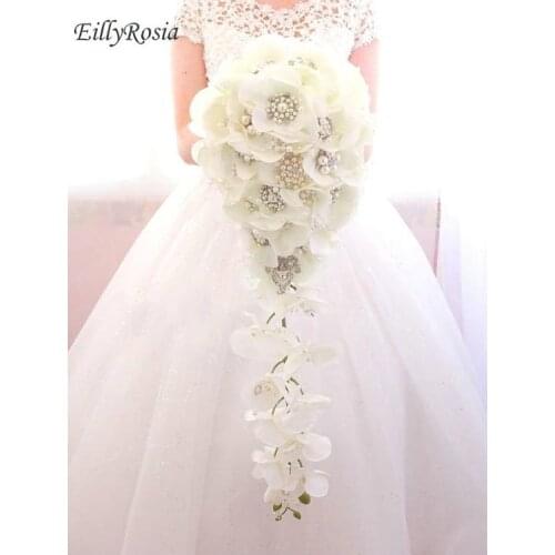 EillyRosia Exclusive White Waterfall Wedding Bouquet Long Pearls Jewelry Brooch Bridal Bouquet Cascading Wedding Flowers New