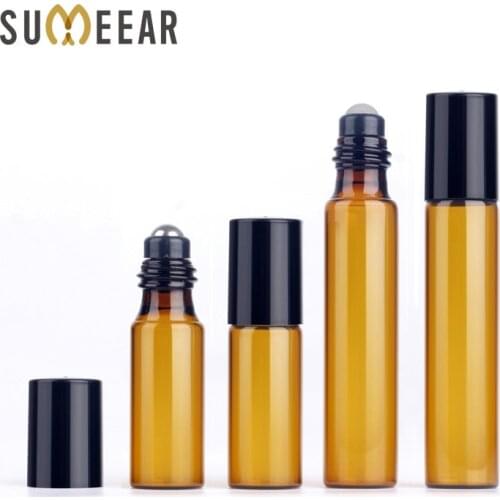 100 pcs/lot 3ml 5ml 10ml Rollerball Essential Oil Bottles Refillable Roll On Bottle Brown Protected From Light Glass Bottle