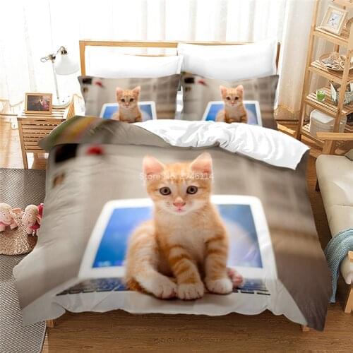 Cute Pet Cat Kitten Sitting on The Laptop 3D Printed Bedding Set Soft Duvet Cover Set Bed Linens Gift Twin Full Queen King Size