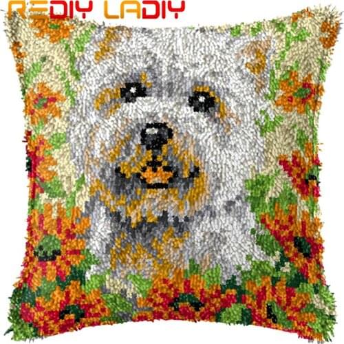 Latch Hook Cushion Puppy Flowers Pillow Case Printed Color Canvas Acrylic Yarn Latched Hook Pillow Crochet Cushion Cover Kits