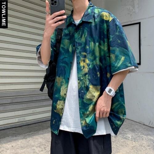 Summer Hawaiian Mens Floral painting Printed Short Sleeve Green Shirt Korean Streetwear Fashion Male Loose Tops Plus Size M-5XL