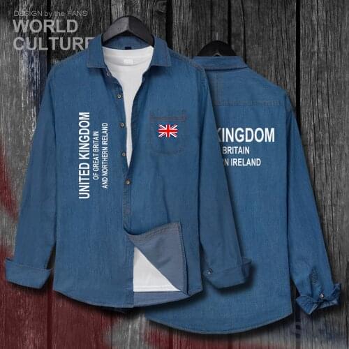 UK United Kingdom of Great Britain GBR Men Flags Clothes Autumn Cotton Long Sleeve Cowboy Fashion Turn-down Collar Jeans Shirt