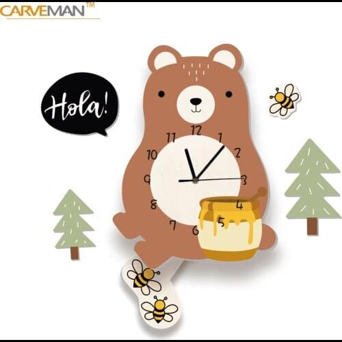 Cute Bear Wall Clock Kids Bedroom Silent Movement Baby Nursery Room Wall Art Decor Color Printed Wall Watch Fun Pendulum Reloj
