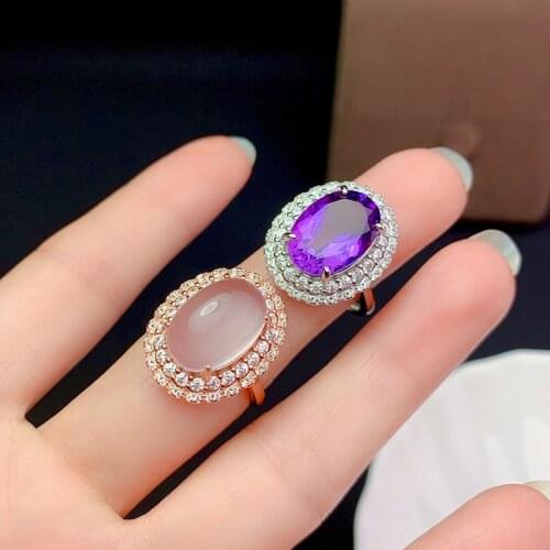 Natural Amethyst Or Pink Crystal Ring for Women Party Fine Jewelry S925 Sliver Oval Cuted Gemstones 10*14MM Gifts Top Quality