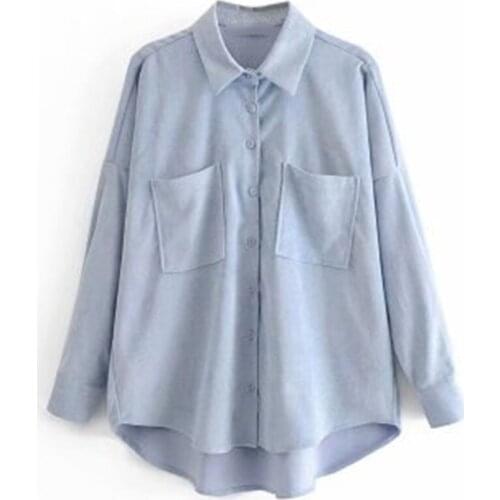 Korean New Women 2020 Fashion Pockets Oversized Corduroy Shirts Vintage Long Sleeve Asymmetric Loose Female Blouses Tops PZ3515