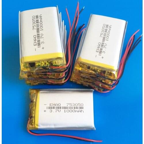 Wholesale 10 pcs 753050 3.7V 1000mAh lipo polymer lithium rechargeable battery for GPS DVD recorder e-book camera PAD Speaker