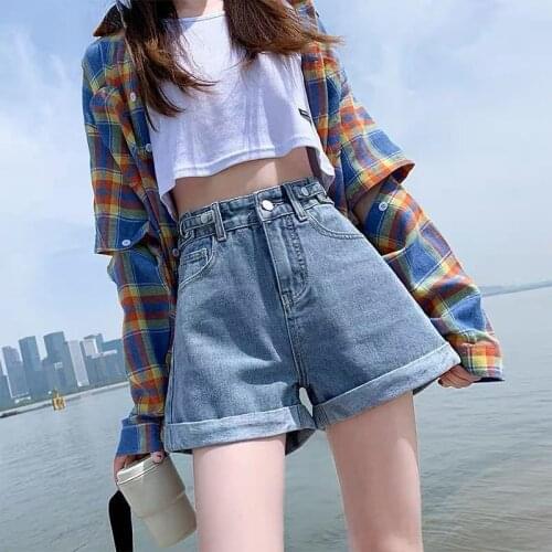 Summer Womens Denim Shorts Vintage High Waist Casual Shorts Elastic Waist Female Denim Shorts Loose Wide-leg Short Jeans Women
