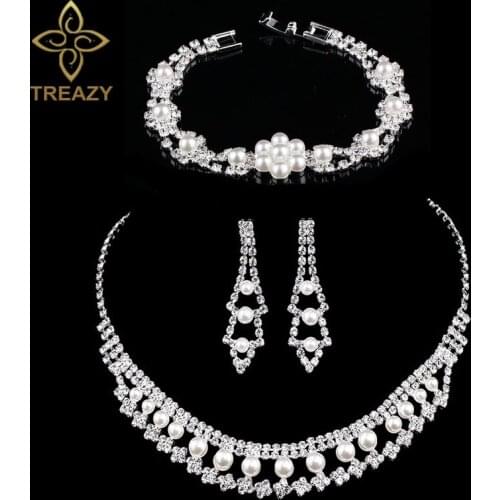 TREAZY 2017 Fashion Simulated Pearl Floral Bridal Jewelry Sets Choker Necklace Earrings Bracelet Wedding Engagement Jewelry Sets