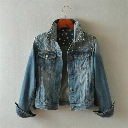 Spring Women Denim Jacket rivet Punk Vintage Cropped Short Denim Coat Long-Sleeve Jeans Coat Cardigan Light/Deep Blue
