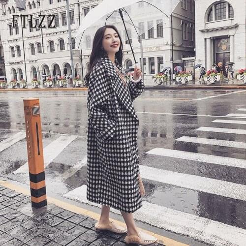 Vintage Black White Plaid Long Woolen Coat Women 2020 Autumn Winter Korean Fashion Turndown Collar Lady Outerwear Abrigos Mujer