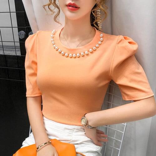 Short-sleeved t-shirt womens 2021 new slim and thin net red hot style beaded summer womens top