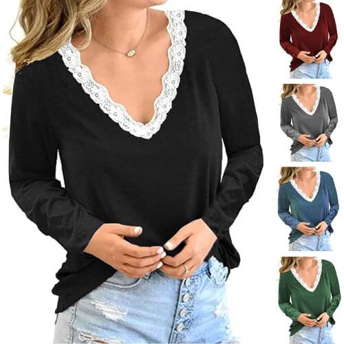 Womens Lace Sexy Deep V-neck Fashion Long Sleeve T-Shirt Harajuku Korean Style Cute Lovely Mature woman Clothing Tops femininos