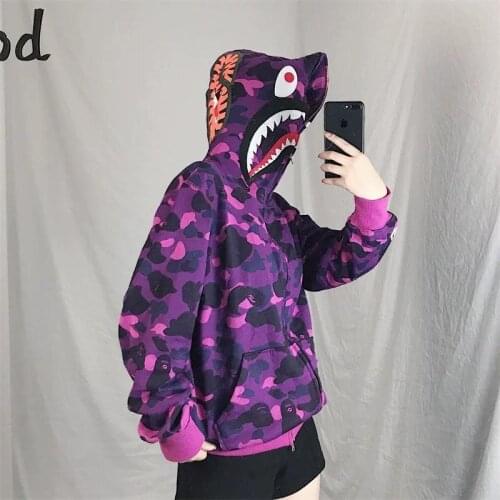 Womens hooded ins hot sale plus size spring and autumn new style Korean camouflage shark sweatshirt loose hip hop free shipping