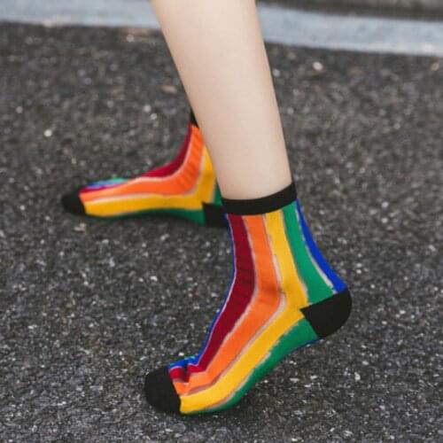 Women Rainbow Striped Patterned Short Socks Street Style Hip Pop Hipster Ankle Casual Breathable Cool Female Socks