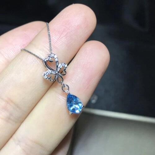 Natural blue topaz gem Pendant natural gemstone pendant necklace S925 silver woman heart grace water drop party gift jewelery