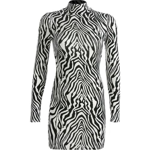 Mini Dress Womens Turtleneck Bodycon Dress Long Sleeve Zebra Stripe Dress Ladies Fashion Mini Dress Evening Club Party Wear