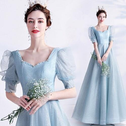 New light blue sequined short sleeve lady girl fairy prom party evening dancing performance dress gown free shipping