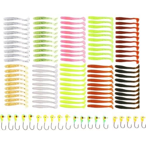 120pcs Soft Fishing Lures and Hooks Set Plastic Grub Worm Wobblers Bait Fish Jigging Swimbait