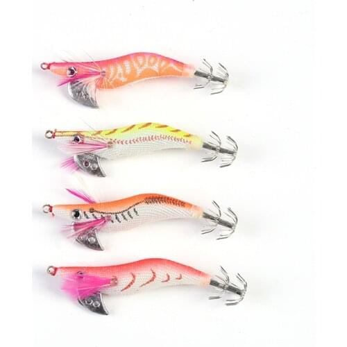 4pcs Kinds of Wood Shrimp Squid Fishing Bai Hook Wooden Shrimp Luminated Squid Jigs Sea Fishing Lures Artificial Lures