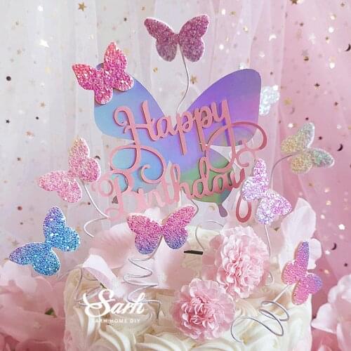5pcs Happy Birthday Cake Toppers Cake Decoration Handmade Painted Butterfly Cake Topper For Wedding Birthday Party Baby Shower