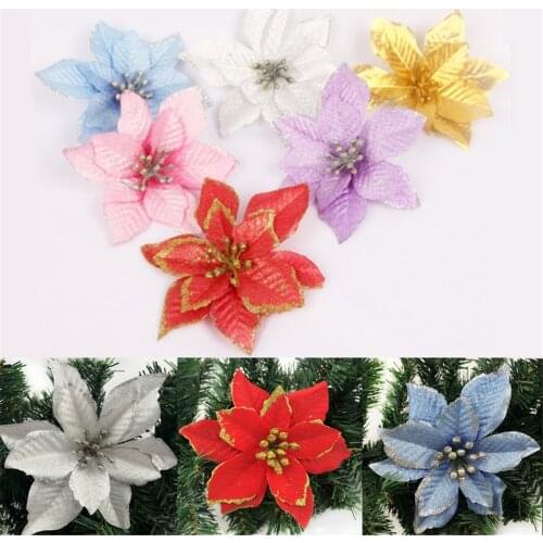 8pcs Glitter Poinsettia Artificial Flower Ornaments Christmas Wreath Xmas Decor