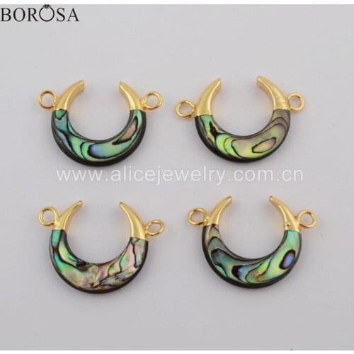 BOROSA Crescent Gold Electroplated Natural Abalone Shell Connector Moon Shell Double Charms for Bracelet Lady Gift Jewelry G1767