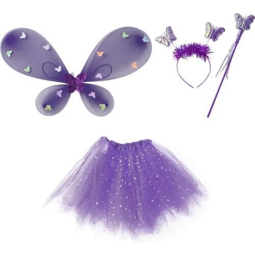 Kid Girls Fairy Princess Costume Sets Stage Wear Butterfly Wings Wand Headband Tutu Skirts for Halloween Performance Photography