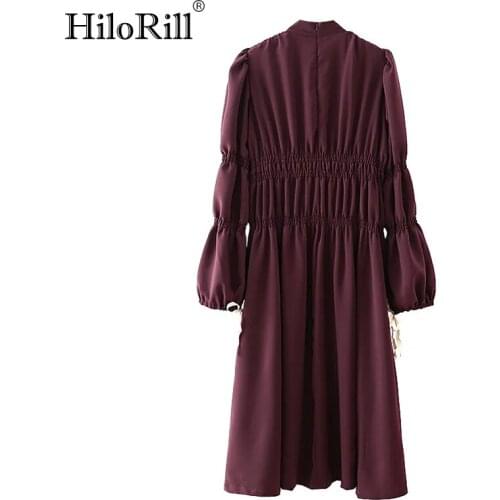 HiloRill Women Turtleneck A Line Midi Dresses Bow Tie Puff Long Sleeve Party Dress Solid Color Side Split Vintage Pleated Dress