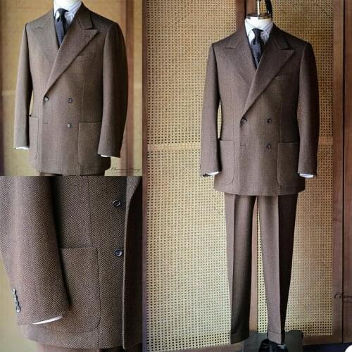 Classic Vintage Men Tuxedos Custom Made Peaked Lapel Double Breasted Blazer Smart Casual Daily Business Coat 2 Pieces