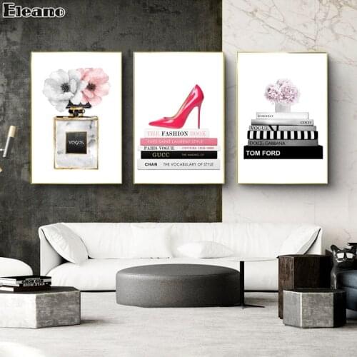 Book and pink high heels poster gold perfume bottle canvas painting custom printing luxury living room wall decoration painting