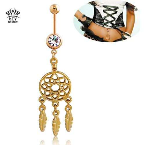 Gold Dream Catcher Dangle Hot Belly Ring Navel bar Fashion Body Piercing Jewelry Surgical Steel Wholesale mixed color
