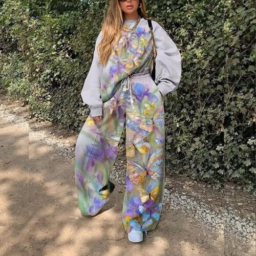 Butterfly Print Two Piece Set Casual Sweatshirts Sweatpants Vintage Tracksuits Women Loose Pullover 2021 Spring Autumn Plus Size
