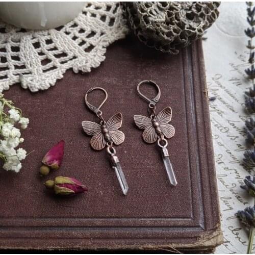 Copper Butterfly Quartz Crystal Point Earrings Charm Drop Earrings Natural Lovers Gift Butterfly lovers