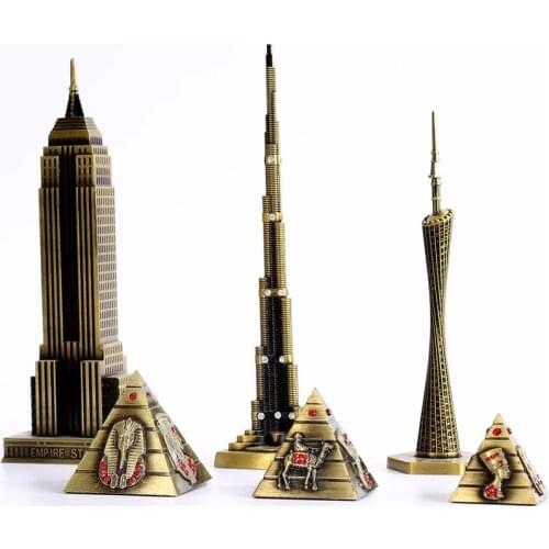 Metal World Famous Building Model Craft Bar Cafe Decoration Pyramid Empire State Building Burj Khalifa Tower Canton Tower YWWX30