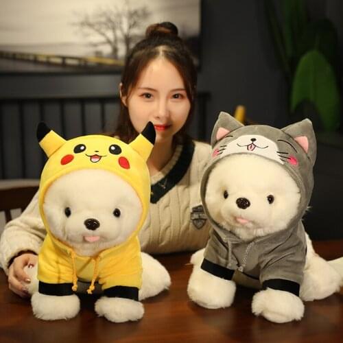 Cute Hiromi Dog Plush Toys Plushies Stuffed Animal Pets Plush White Dog with Cloth Lifelike Doll for Girl Boy Kids Birthday Gift