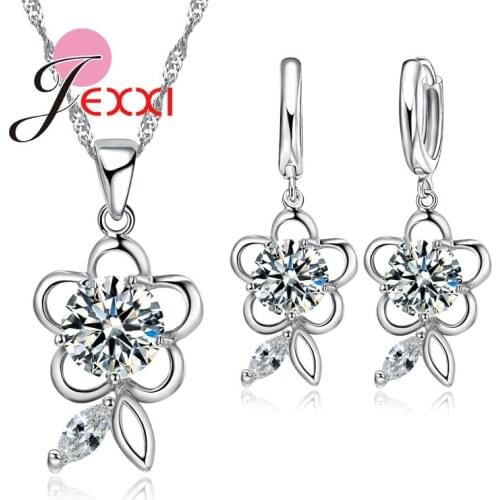 Fashion Wedding Jewelry Sets For Brides Silver Cubic Zircon Crystal Pendant Necklaces Hoop Earrings Jewellery Set Women