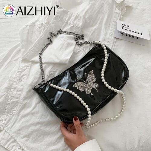Fashion Butterfly Rhinestones Handbag Women Pearl Chain PU Leather Shoulder Crossbody Underarm Bag Sling Purse for Girls