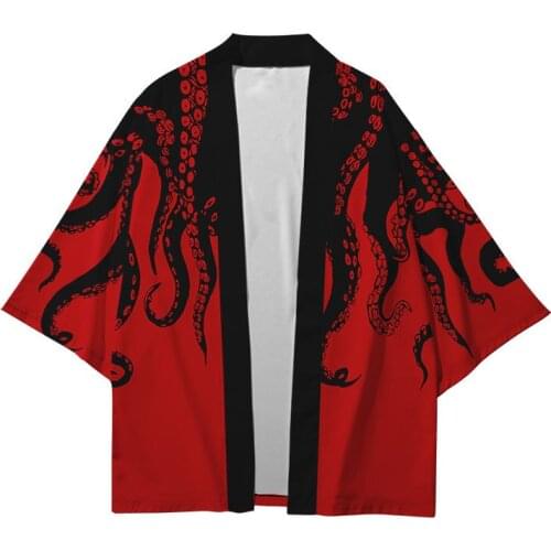 Cool Red 3D Octopus Print Loose Japanese Streetwear Cardigan Women Men Harajuku Haori Kimono Cosplay Top Shirts Yukata